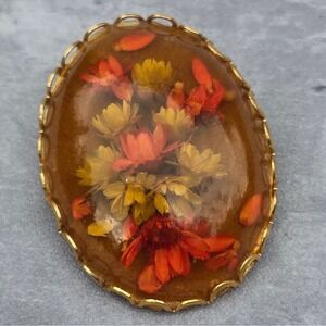 Vintage Pressed Dried Flower Resin Brooch Amber Lucite Floral Oval Pin